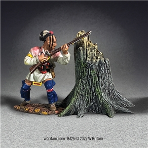 Native American Warrior Getting Ready to Fire from Behind a Tree Stump