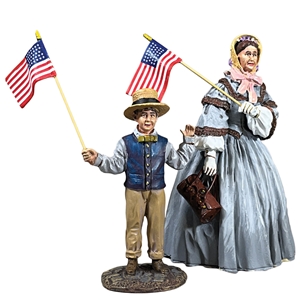 A Patriotic Family Mother and Son Waving Flags, Civil War Era