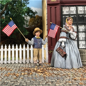 A Patriotic Family Mother and Son Waving Flags, Civil War Era