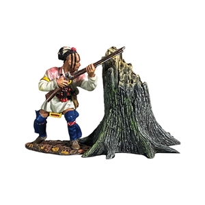 Native American Warrior Getting Ready to Fire from Behind a Tree Stump